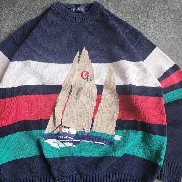 Vintage 90's GANT Sailboat Hand Intarsia Navy Sweater XXLT - Picture 3 of 7